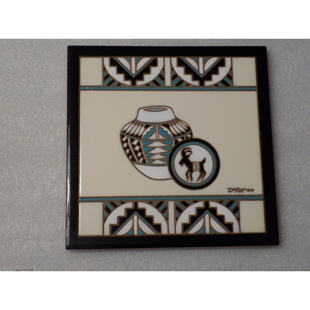 Native American Vase Goat Painted Ceramic Porcelain Tile Hot Plate Italy